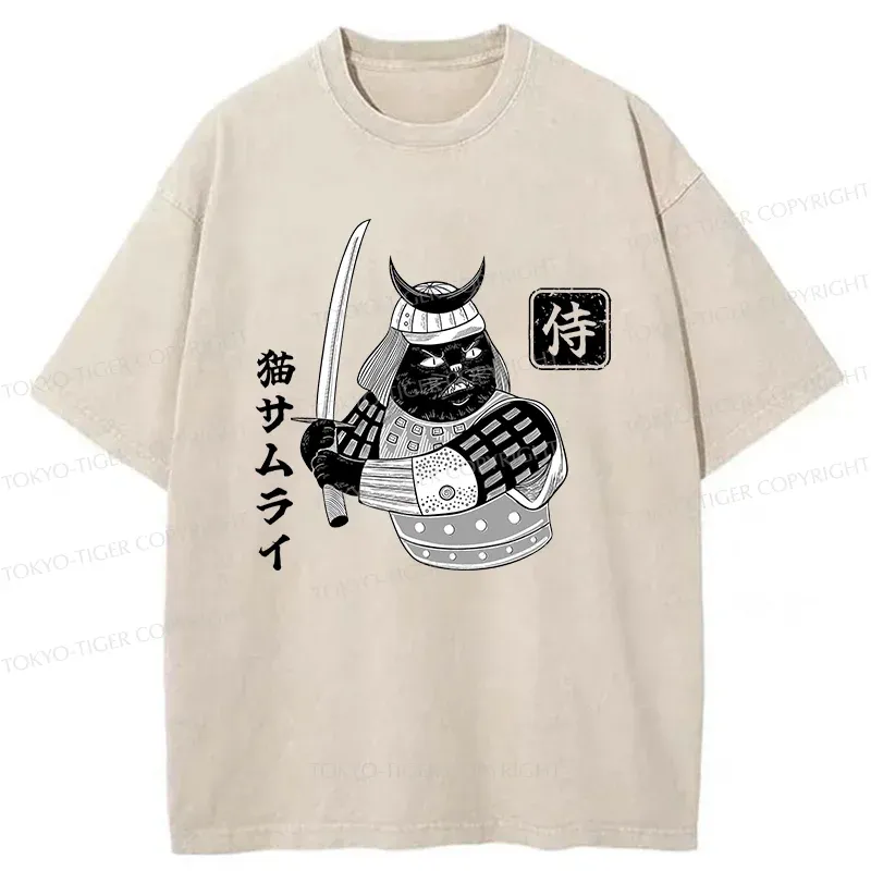Tokyo-Tiger Cat Samurai With Sword Washed T-Shirt