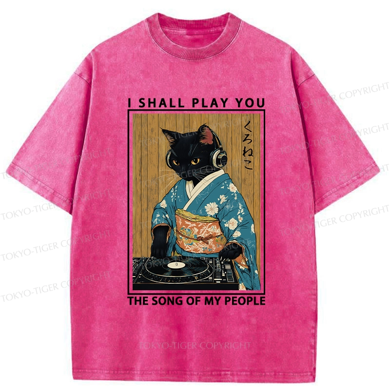Tokyo-Tiger Funny Playing Music Black Cat Washed T-Shirt