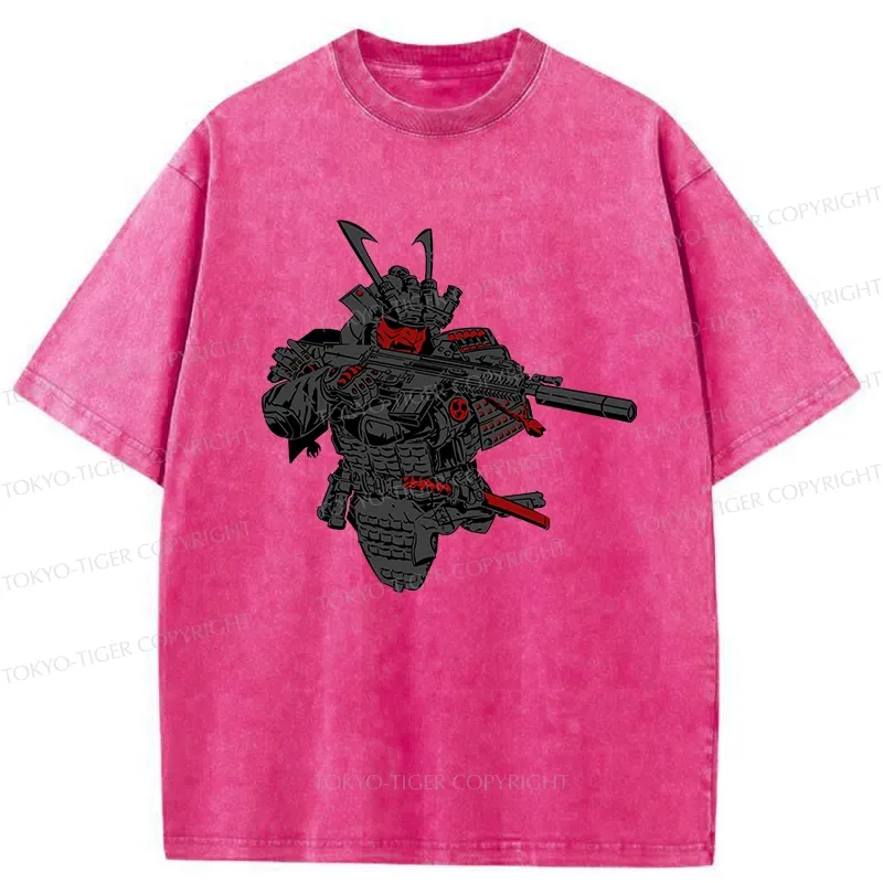 Tokyo-Tiger Samurai Holding A Gun Washed T-Shirt