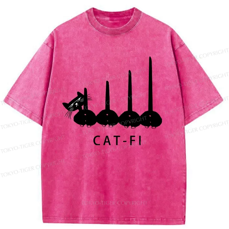 Tokyo-Tiger Funny CAT-FI Washed T-Shirt Sale