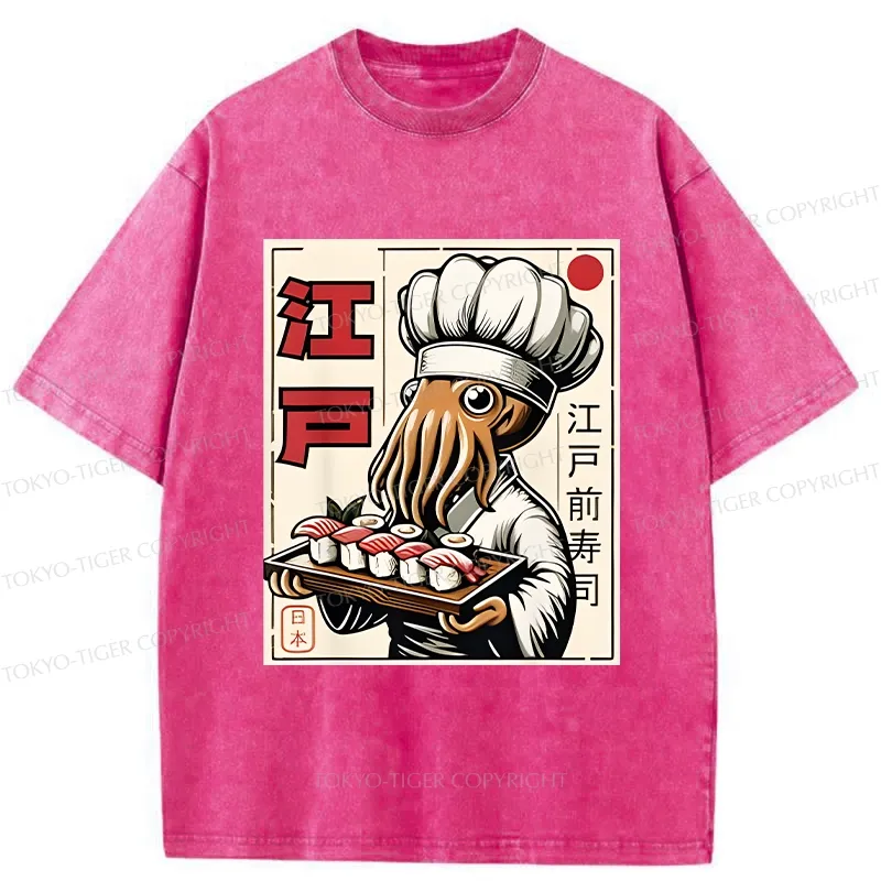 Tokyo-Tiger Octopus Chef Making Sushi Washed T-Shirt