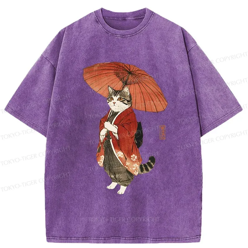 Tokyo-Tiger Elegant Cat Holding Umbrella Washed T-Shirt