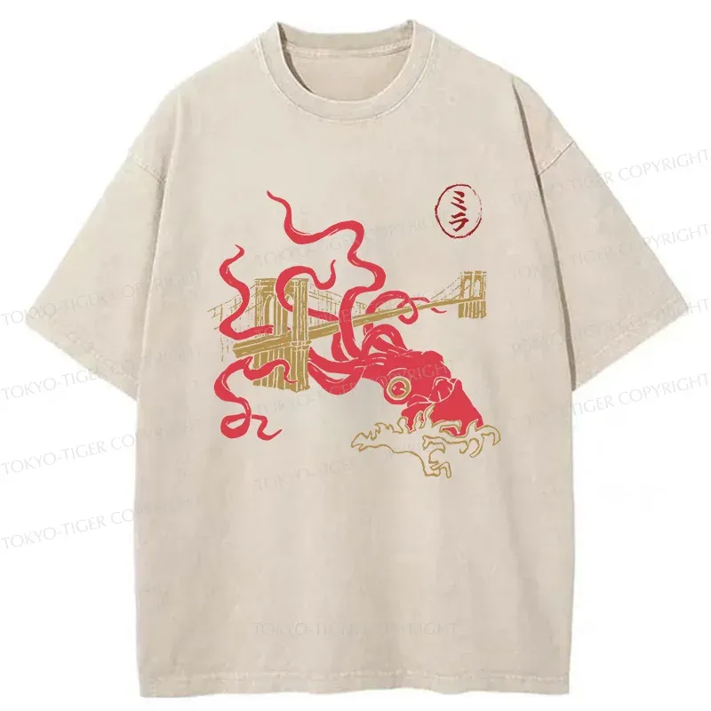 Tokyo-Tiger Giant Octopus Brooklyn Bridge Washed T-Shirt