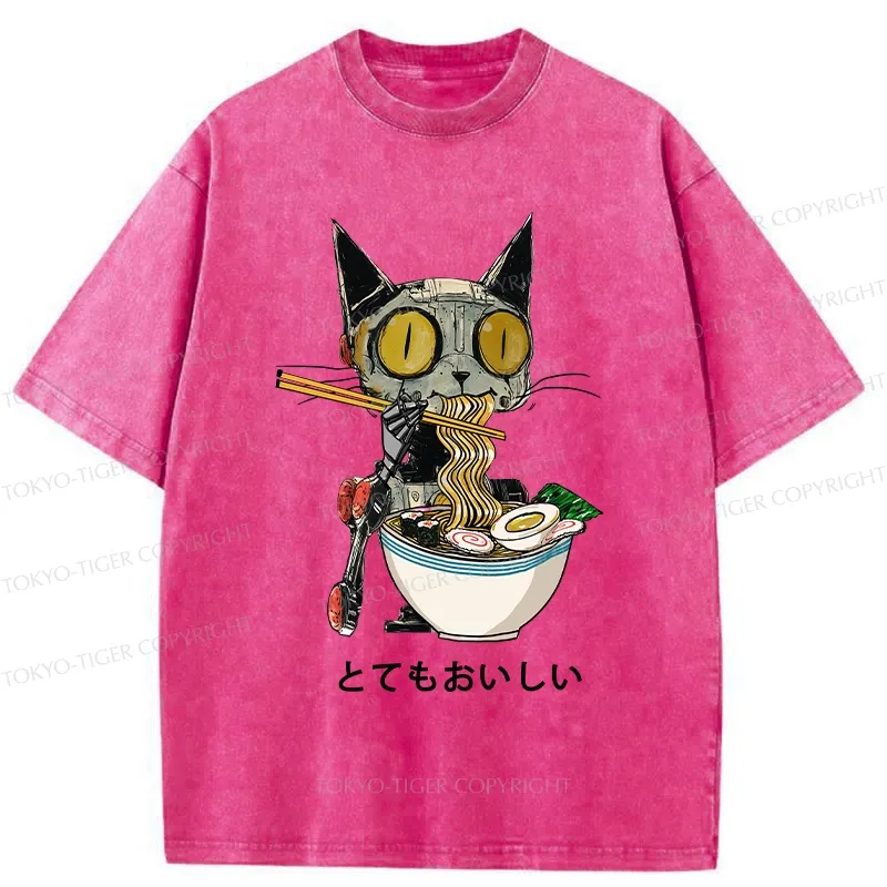 Tokyo-Tiger Ramen Lover Robot Cat Washed T-Shirt