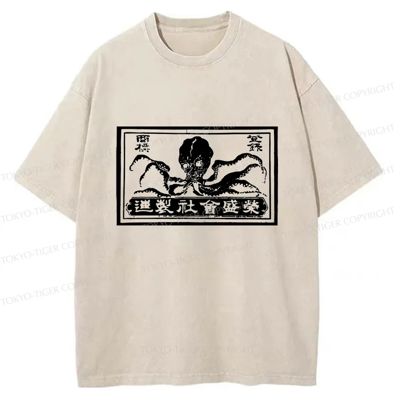 Tokyo-Tiger Woodcut Octopus Washed T-Shirt