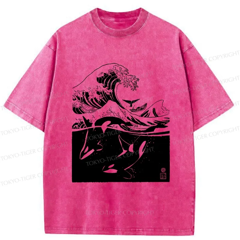Tokyo-Tiger Whales In The Great Waves Washed T-Shirt