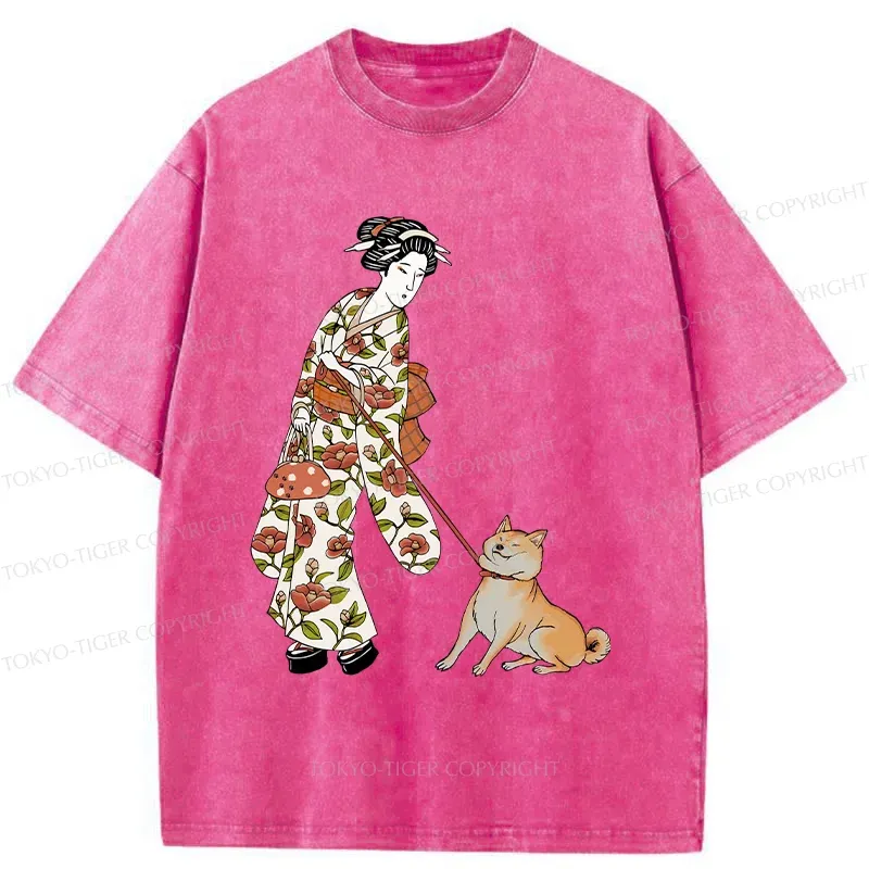 Tokyo-Tiger Geisha Walking Her Dog Washed T-Shirt