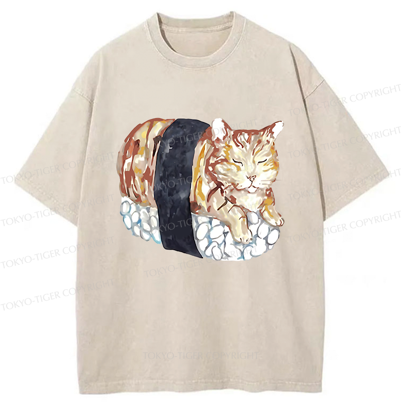 Tokyo-Tiger Sushi Cat Washed T-Shirt