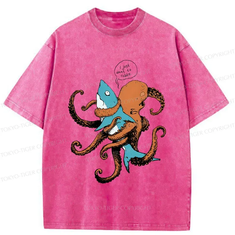 Tokyo-Tiger Octopus Entangles Shark Washed T-Shirt