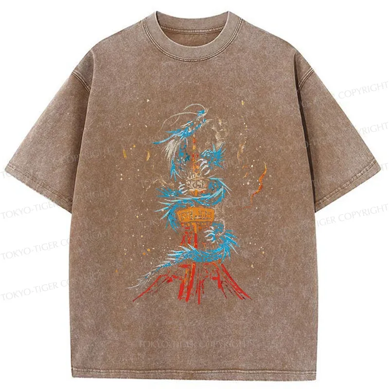 Tokyo-Tiger Dragon And Tokyo Tower Washed T-Shirt