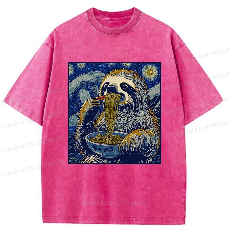 Tokyo-Tiger Ramen Lover Cute Sloth Washed T-Shirt