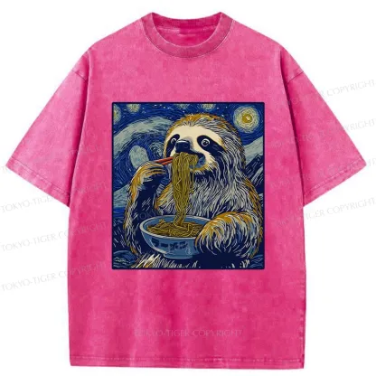 Tokyo-Tiger Ramen Lover Cute Sloth Washed T-Shirt