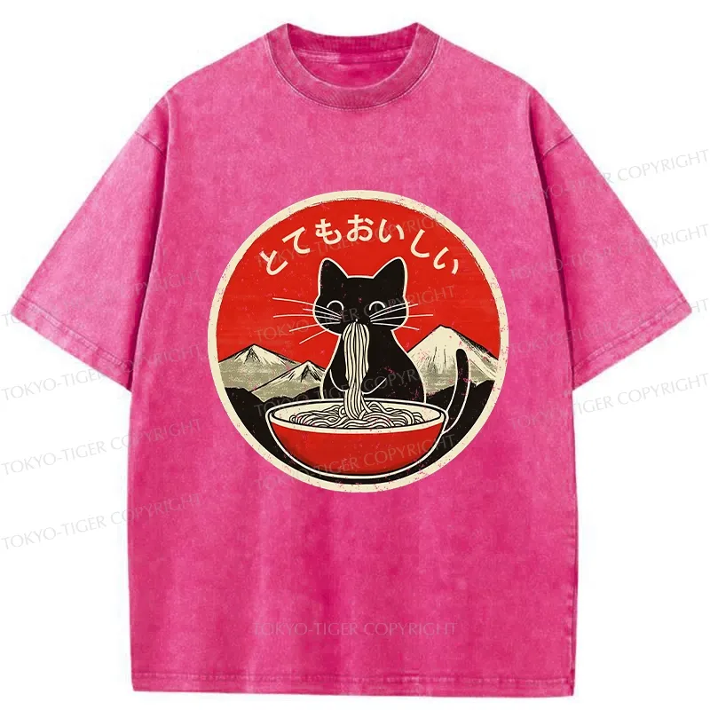 Tokyo-Tiger Cat Eating Yummy Ramen Washed T-Shirt
