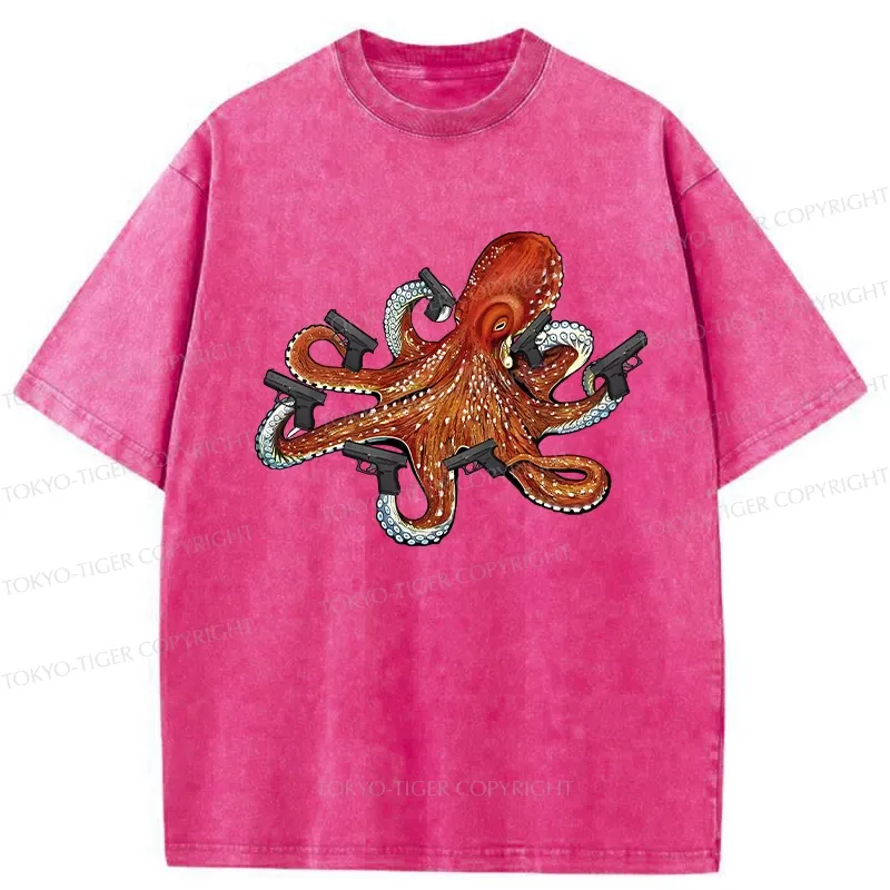 Tokyo-Tiger Funny Octopus With Guns Washed T-Shirt