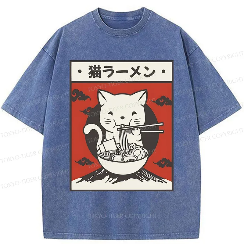 Tokyo-Tiger Retro White Cat Eating Ramen Washed T-Shirt