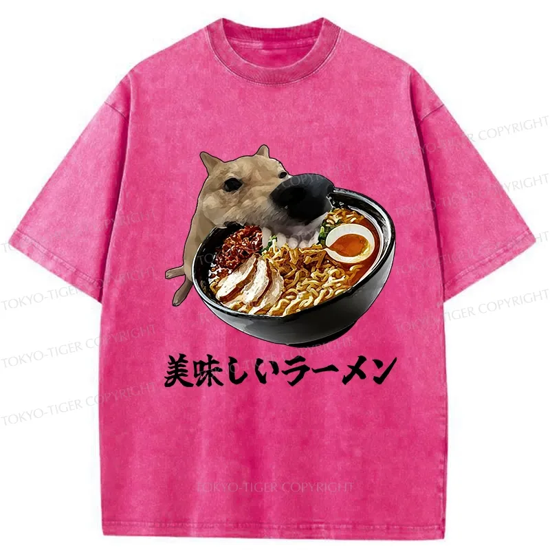 Tokyo-Tiger Funny Ramen Lover Dog Washed T-Shirt