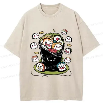 Tokyo-Tiger Sushi Burrito Funny Washed T-Shirt