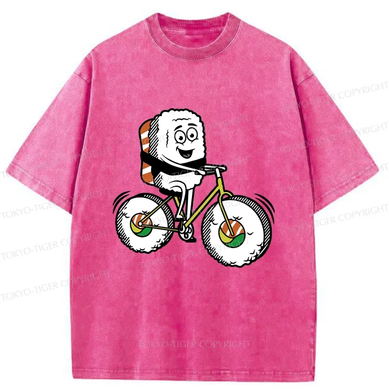 Tokyo-Tiger Cute Sushi Riding A Bicycle Washed T-Shirt
