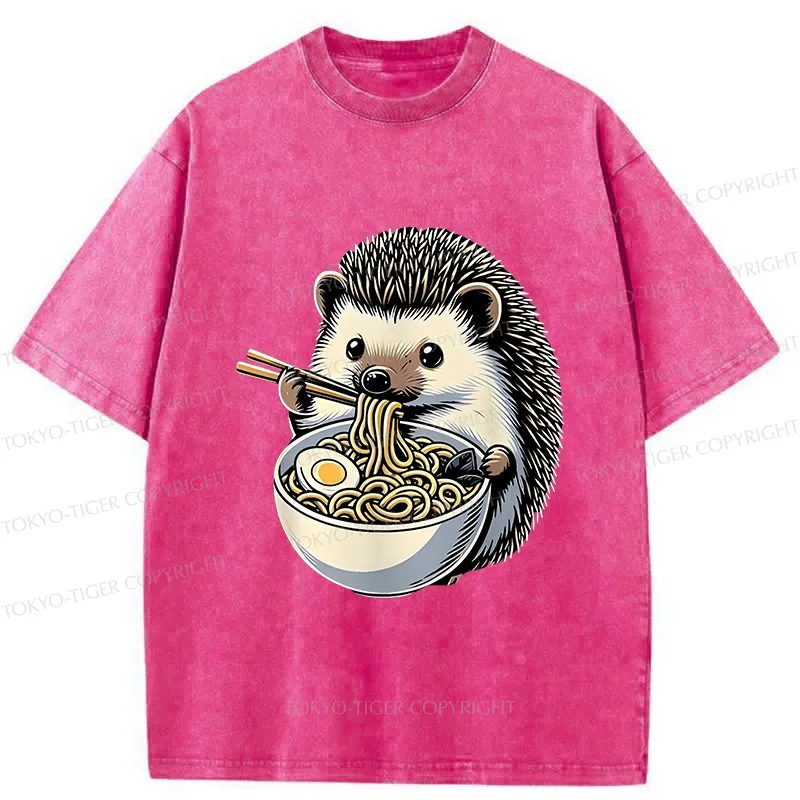 Tokyo-Tiger Hedgehog Eat Ramen Kawaii Washed T-Shirt