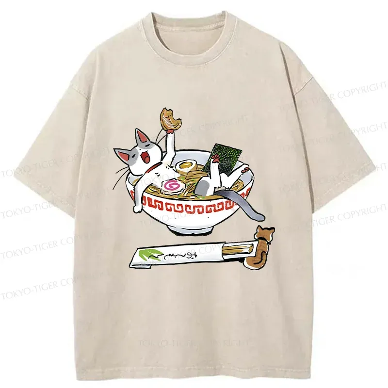 Tokyo-Tiger Cute Cat Ramen Washed T-Shirt