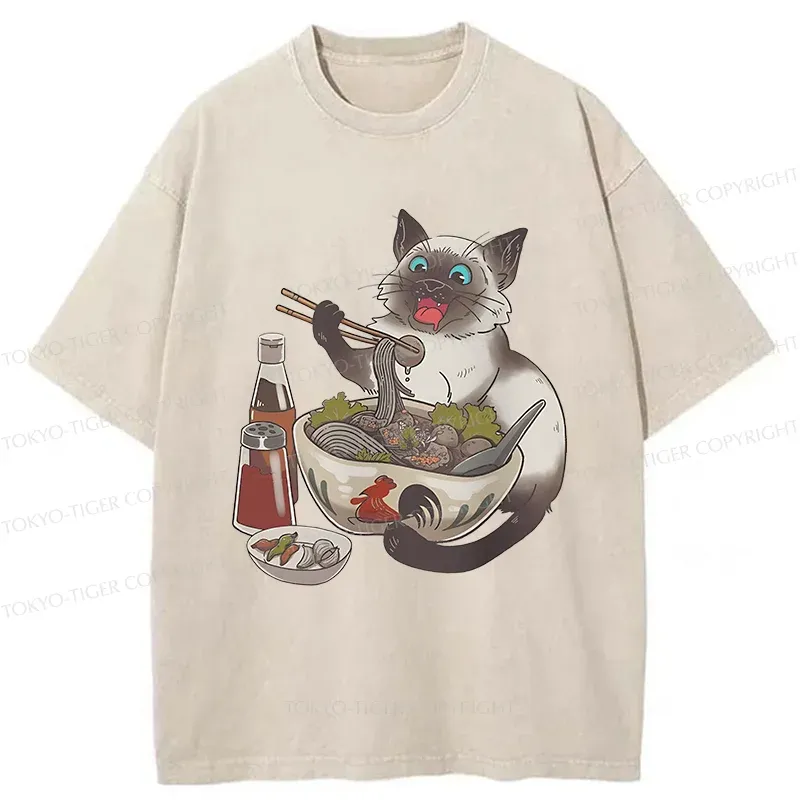 Tokyo-Tiger Siamese Cat Eating Ramen Washed T-Shirt