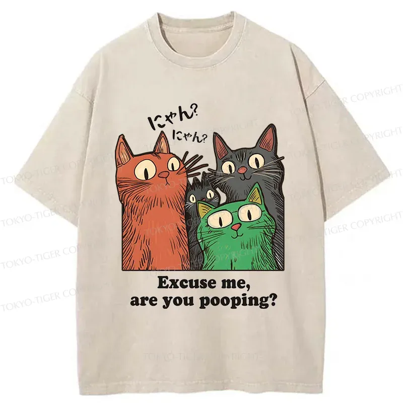 Tokyo-Tiger Cats Watching Poop Washed T-Shirt