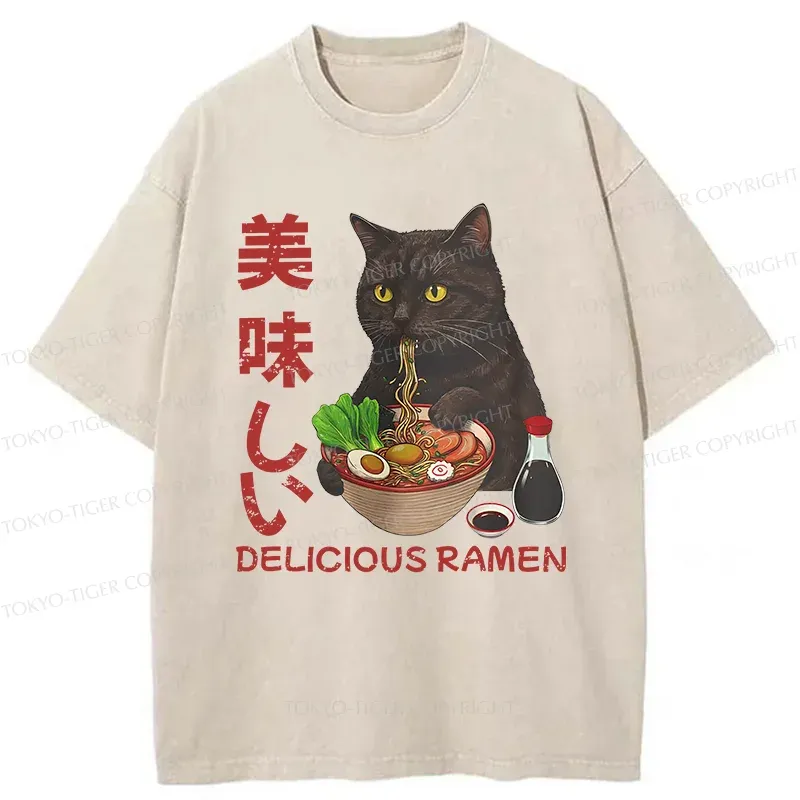 Tokyo-Tiger Black Cat Eating Delicious Ramen Washed T-Shirt