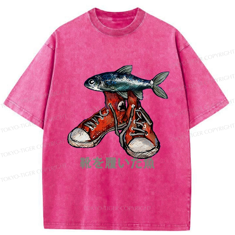 Tokyo-Tiger Fish Wearing Shoes Washed T-Shirt