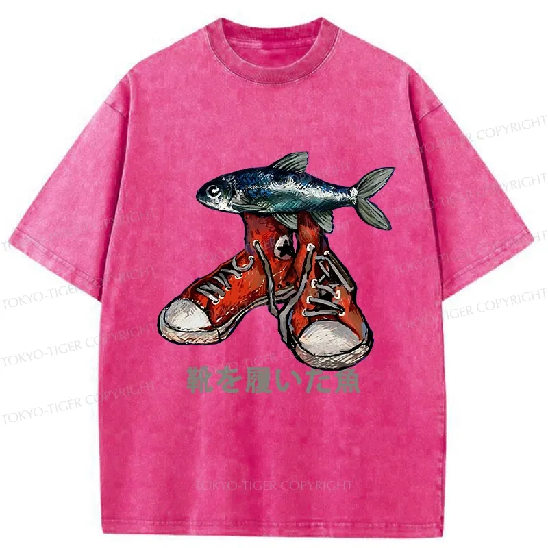 Tokyo-Tiger Fish Wearing Shoes Washed T-Shirt