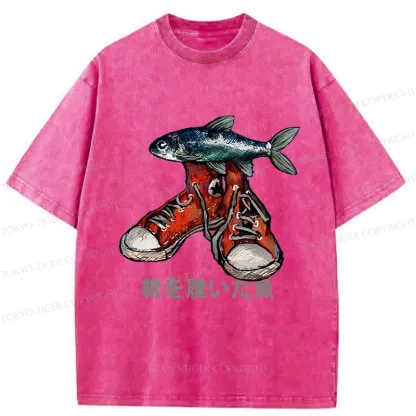 Tokyo-Tiger Fish Wearing Shoes Washed T-Shirt