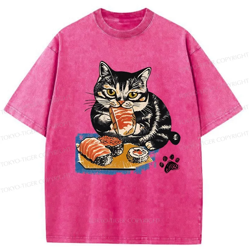 Tokyo-Tiger Sashimi Lover Cat Washed T-Shirt