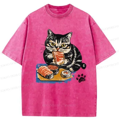 Tokyo-Tiger Sashimi Lover Cat Washed T-Shirt