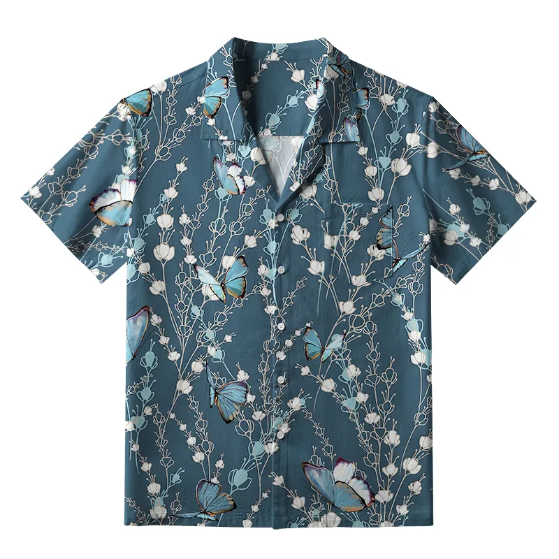 Tokyo-Tiger Blue Floral And Butterfly Aloha Hawaiian Shirt Sale