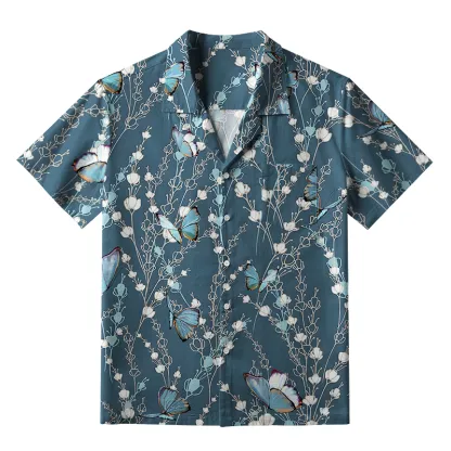 Tokyo-Tiger Blue Floral And Butterfly Aloha Hawaiian Shirt