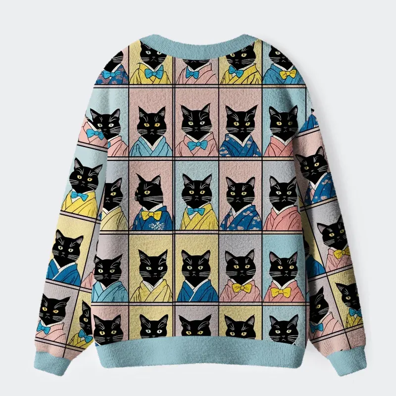 Tokyo-Tiger Black Cat Wearing A Kimono Ugly Cardigan Sweater