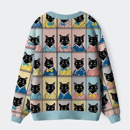 Tokyo-Tiger Black Cat Wearing A Kimono Ugly Cardigan Sweater