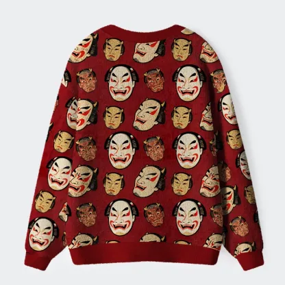 Tokyo-Tiger Japanese Mask Ugly Cardigan Sweater