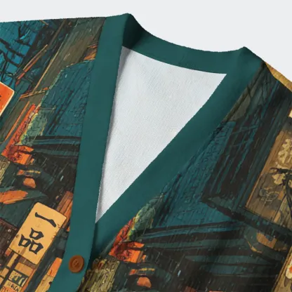 Tokyo-Tiger Retro Japanese Street Scene Ugly Cardigan Sweater