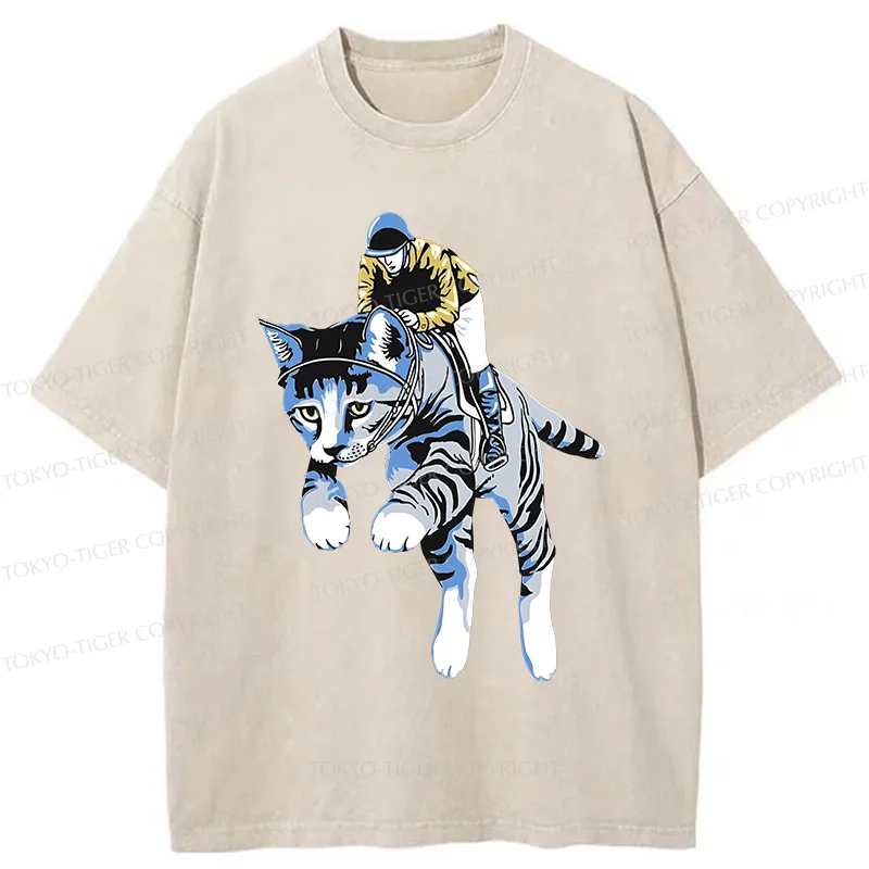 Tokyo-Tiger Cat Riding Skill Washed T-Shirt