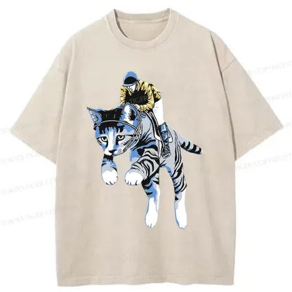 Tokyo-Tiger Cat Riding Skill Washed T-Shirt