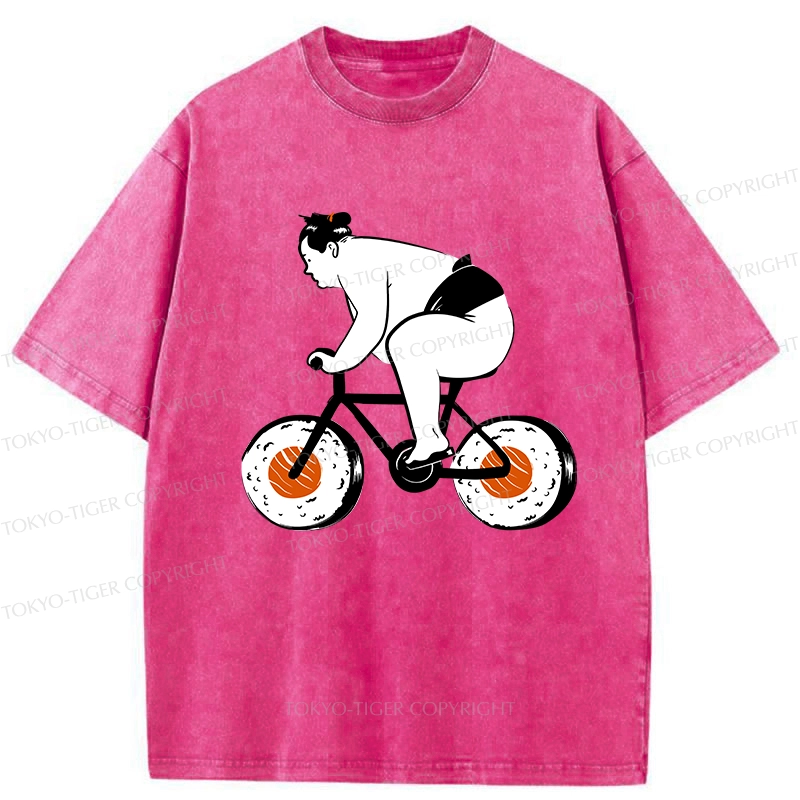 Tokyo-Tiger Sumo Riding A Sushi Bike Washed T-Shirt