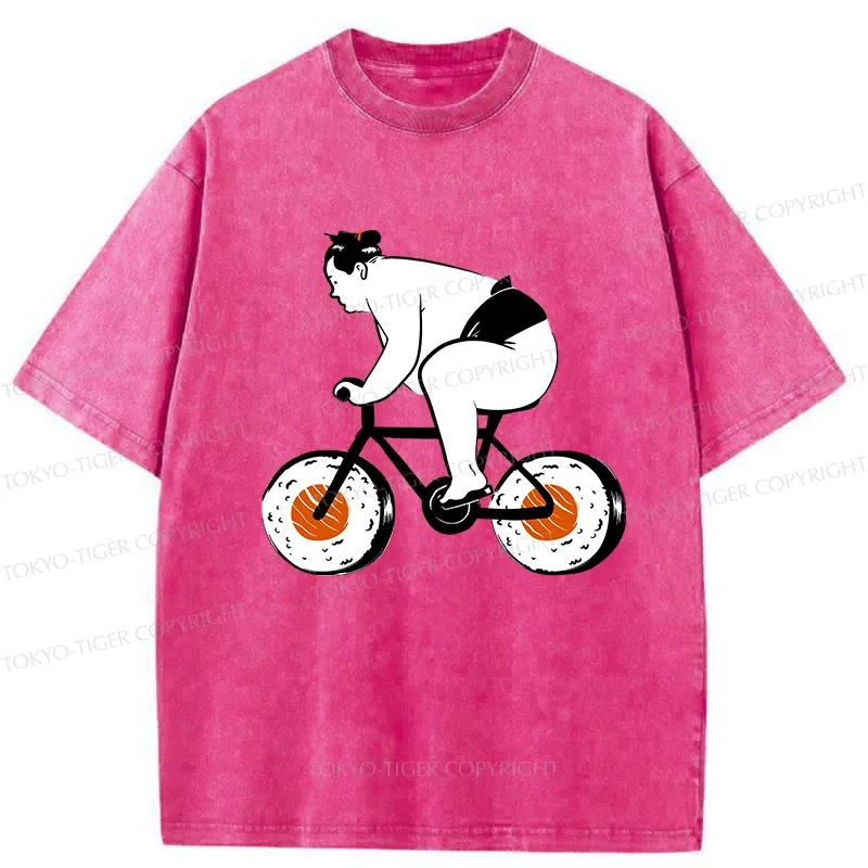 Tokyo-Tiger Sumo Riding A Sushi Bike Washed T-Shirt