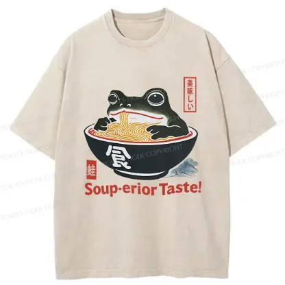 Tokyo-Tiger Retro Frog Eating Ramen Washed T-Shirt