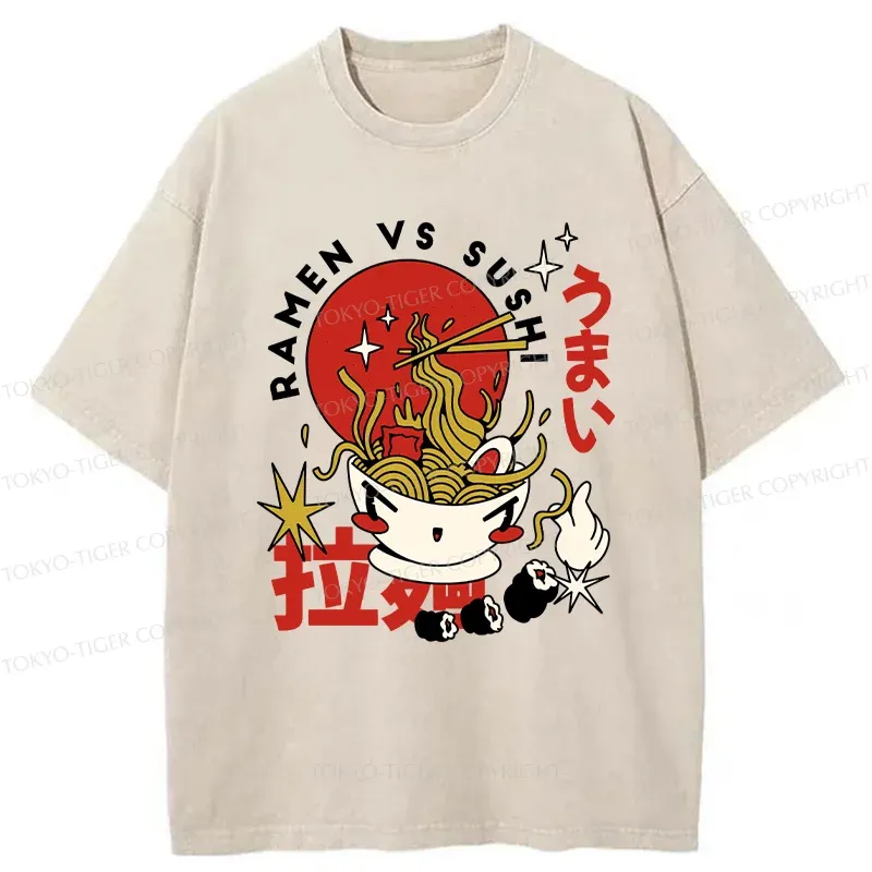 Tokyo-Tiger Retro Ramen And Sushi Washed T-Shirt