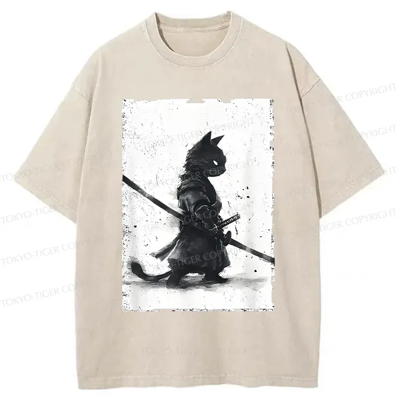 Tokyo-Tiger Retro Cat Samurai Washed T-Shirt