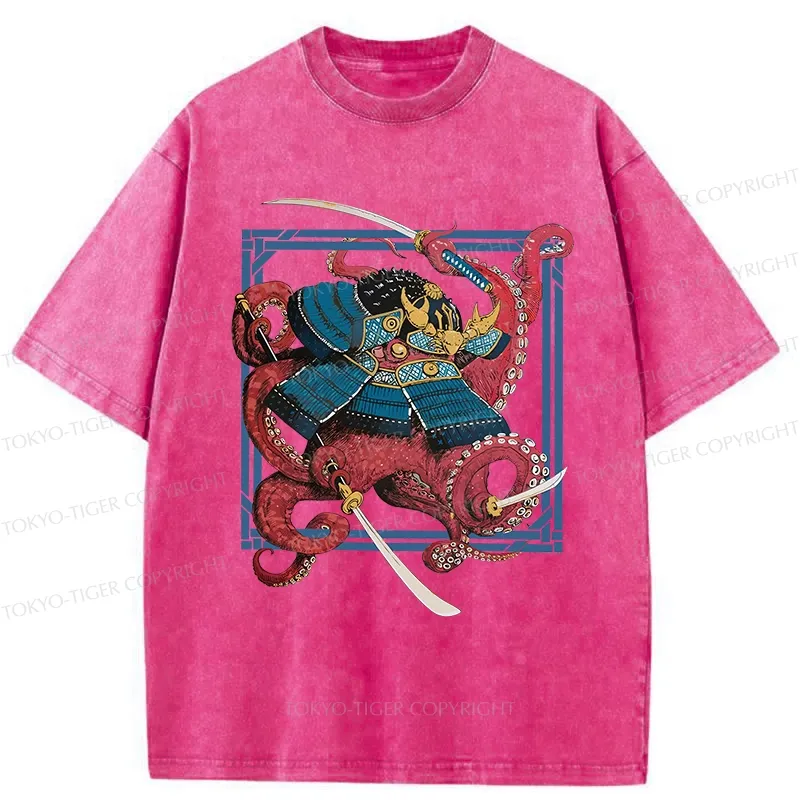 Tokyo-Tiger Samurai Octopus Swinging Sword Washed T-Shirt