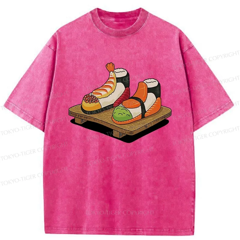 Tokyo-Tiger Funny Sushi Shoes Washed T-Shirt