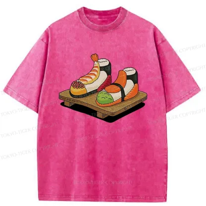 Tokyo-Tiger Funny Sushi Shoes Washed T-Shirt