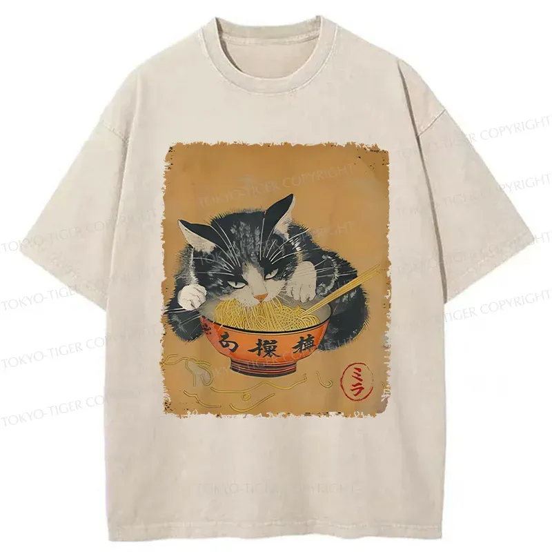 Tokyo-Tiger Vintage Black Cat Eat Ramen Washed T-Shirt