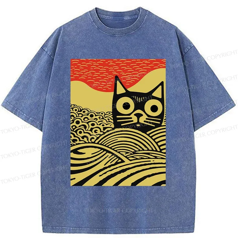 Tokyo-Tiger Woodcut Cat and Wave Washed T-Shirt